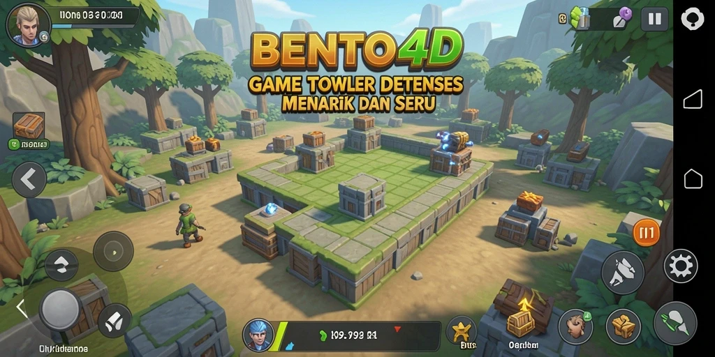 Tampilan gameplay BENTO4D dengan menara pertahanan yang strategis dan serangan musuh.