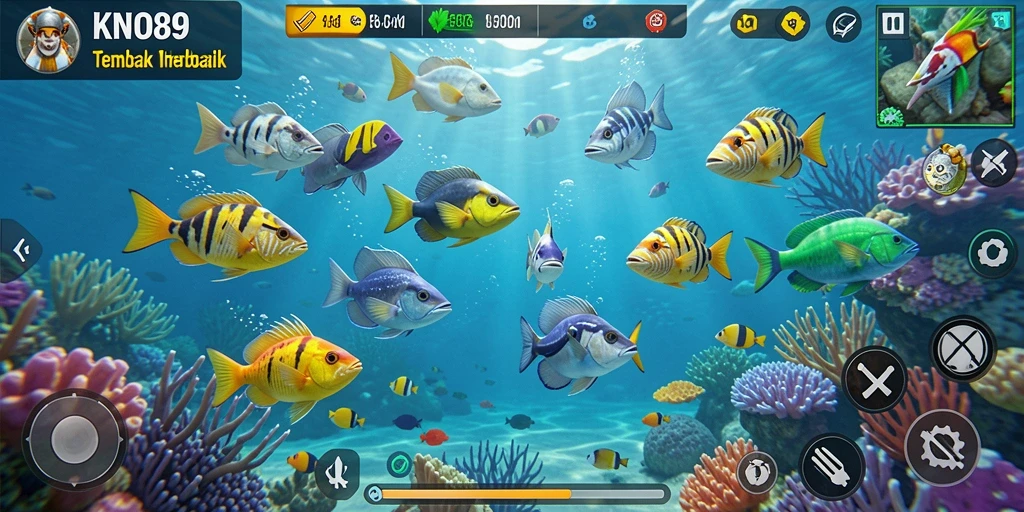 Screenshot utama KNO89 menampilkan aksi seru berburu ikan di bawah laut.