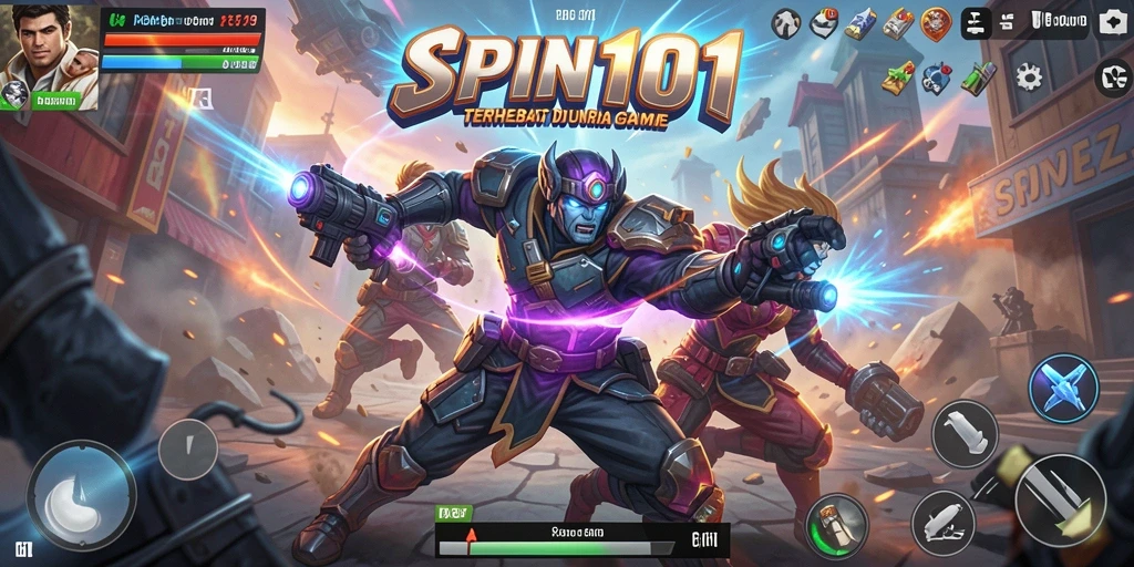 Tampilan gameplay SPIN101 dengan aksi pertarungan yang seru dan karakter unik.