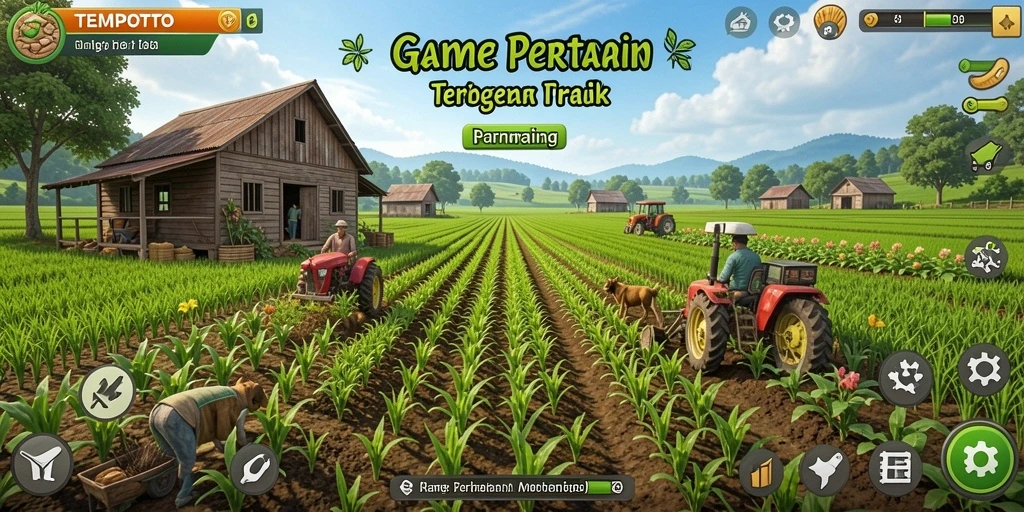 Tangkapan layar gameplay TEMPOTOTO yang menampilkan ladang subur dan aktivitas bertani.